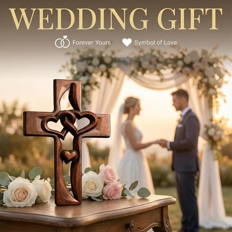 Marriage Cross Wall Decor, Handmade Wooden Cross with Intertwined Hearts, Hand-Carved Wall Hanging, Valentine’s Day Easter Wedding Gift