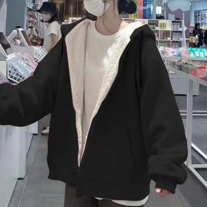 Pink Plus Velvet Hooded Sweatshirts Women Autumn Winter Zipper Thicken Warm Hoodies Woman Korean Student Lamb Wool Coat