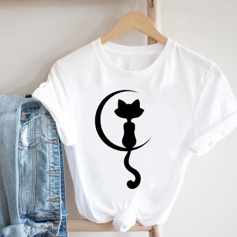 Женская футболка с принтом Love Heartbeat, милый кот, летняя модная футболка с коротким рукавом, женская женская одежда, повседневная футболка с рисунком