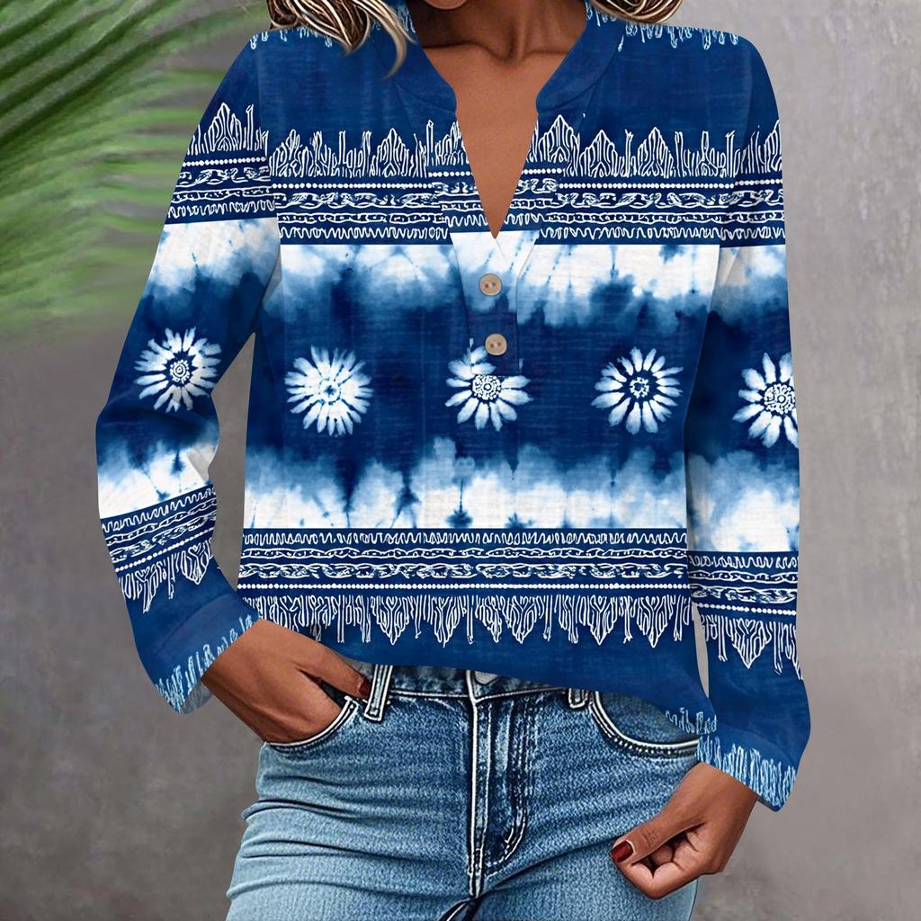 Women's Fashionable And Casual Shirt Long Sleeve V-neck Button Printed Blouse Top