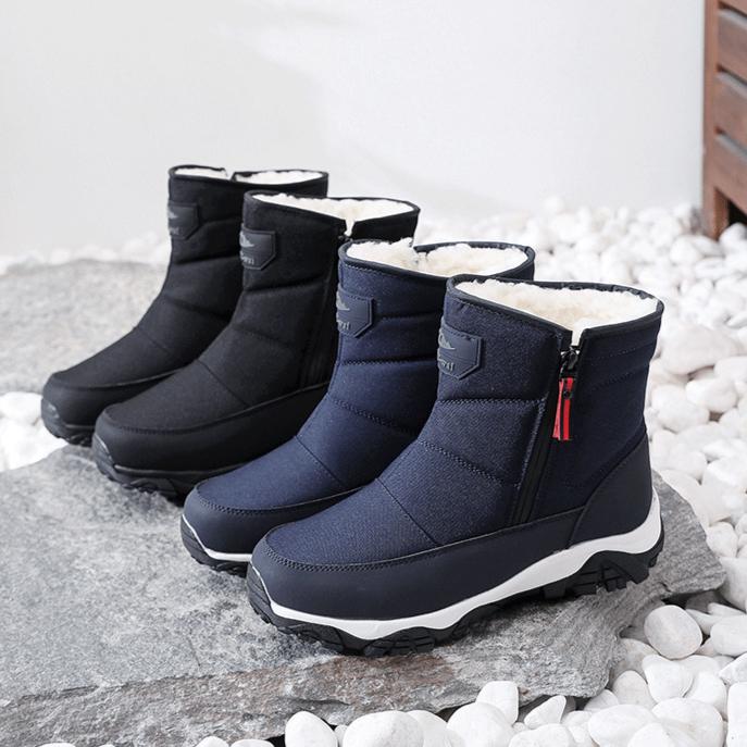 Men's Snow Boots With Fur Lined Waterproof Outdoor Anti-Slip Walking Ankle Booties for Male Winter Warm Comfortable Work Fleece Zipper Mid-Calf Boots
