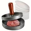 A Stainless Steel Hamburger Press with a Wooden Handle and Stripes On the Surface of a Non-stick Pan, a Household Kitchen Round Meat Patty Press Mold