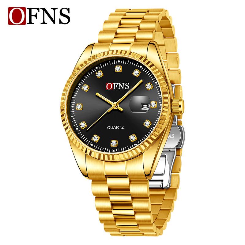 Ofns 1592 Classic Business And Leisure Couple Quartz Watch Night Light Calendar 3atm Waterproof Diamond Set Simple Steel Belt