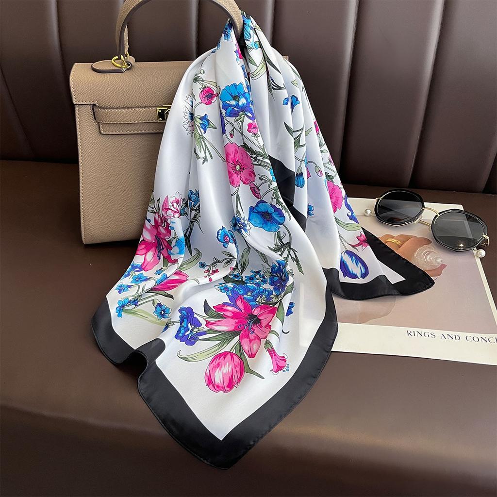 Korean Floral Print Silk Square Scarfs 70cm Women Summer Headscarf Female Neckerchief Decorate Neck Ties Lady Hijab Neck Scarf