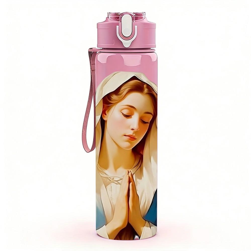 1PC Virgin Mary Praying Religious Print 750ml Color Plastic Sports Water Bottle Leakproof Flip Straw Lid Suitable for Sports Office Home Use