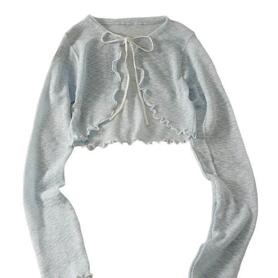 Солнцезащитный трикотажный кардиган для женщин с завязками спереди, длинными рукавами, прозрачной сеткой, пляжной накидкой с оборками и тонкими рубашками с защитой от ультрафиолета