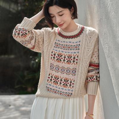 Женский свитер из 100% чистого кашемира, в стиле Fair Isle, с круглым вырезом, свободной вязки, для осени/зимы