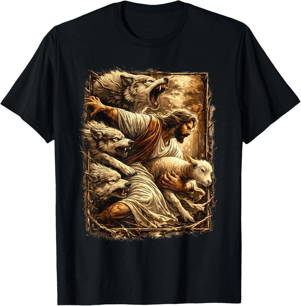 Jesus Protecting Lamb Sheep from Wolves BLACK T-Shirt 0709
