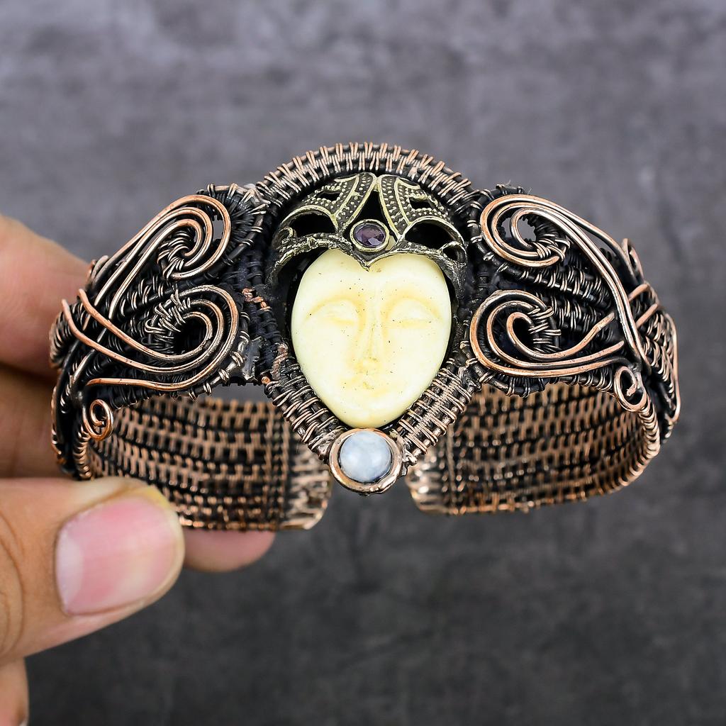 Natural Cameo, Moonstone Gemstone Copper Wire Wrap Cuff Bangle Adjustable A6O57