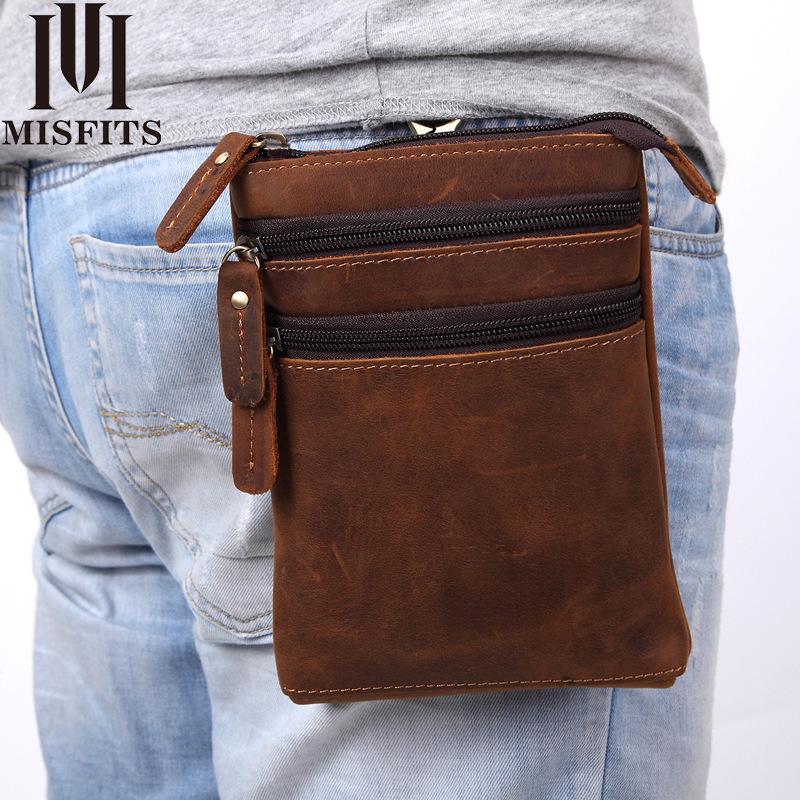Men's Genuine Leather Crossbody Bag - Handmade Crazy Horse Shoulder Bag & Multifunctional Waist Belt Pouch for Phone.