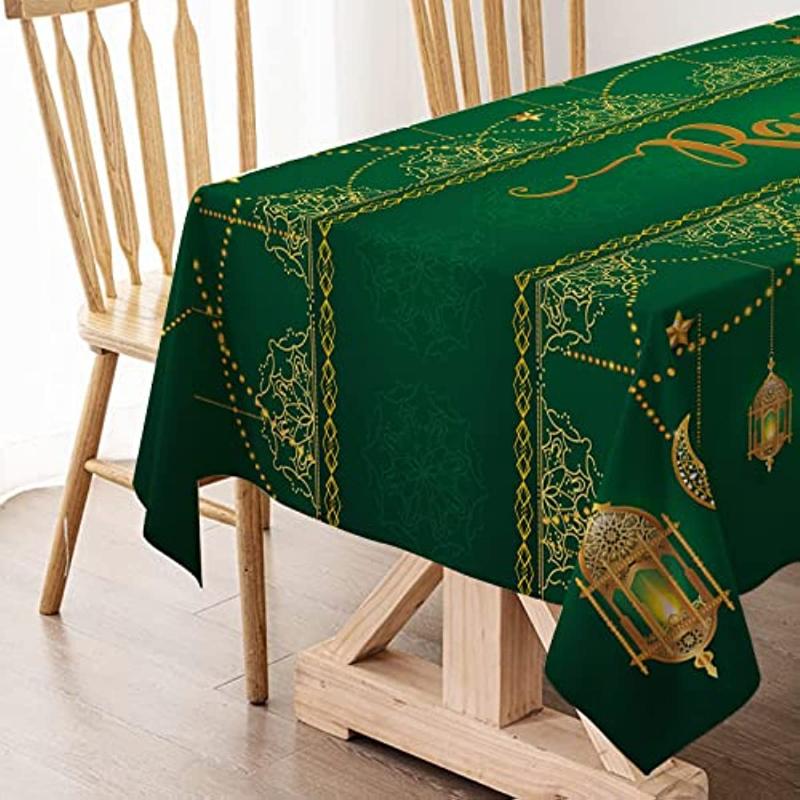Ramadan Mubarak Tablecloth Islamic Muslim Eid Decoration Gold Star Moon Lantern Kitchen Dining Stain Resistant Tablecloth