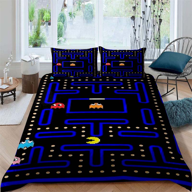 Детский развивающий постельный комплект с принтом Pac-Man, включающий пододеяльник и две наволочки, — идеальный праздни