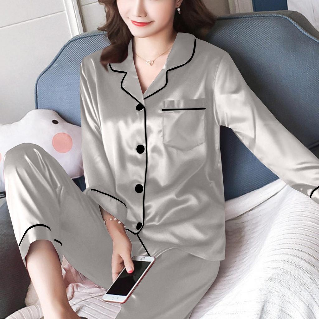 Women's Casual Cardigan Long Sleeve Pajamas Set Ice Silk Home Clothes Two-piece Set