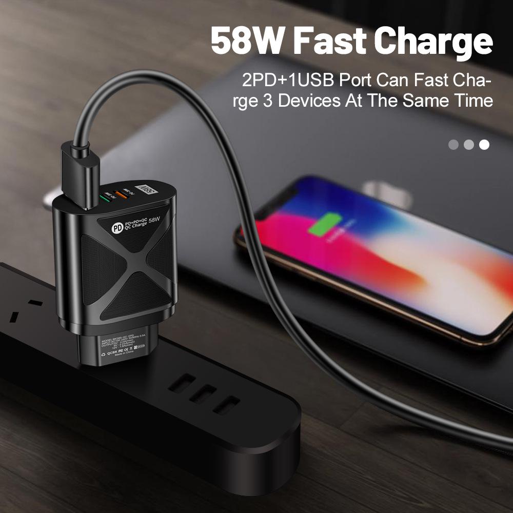 Двойное быстрое зарядное устройство 58 Вт с 2 портами USB PD+QC3.0, варианты вилок EU/US/UK/KR/AU