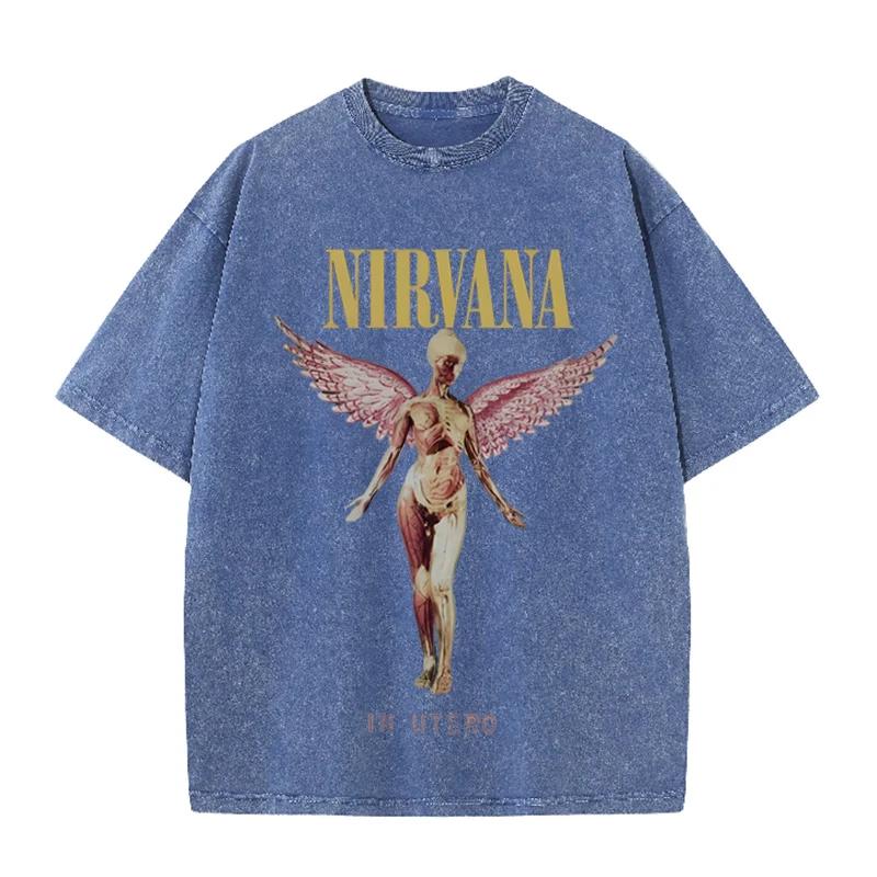 Nirvana Angel In Utero Print Vintage Washed T Shirt Rock Band Casual Topwoman Unisex