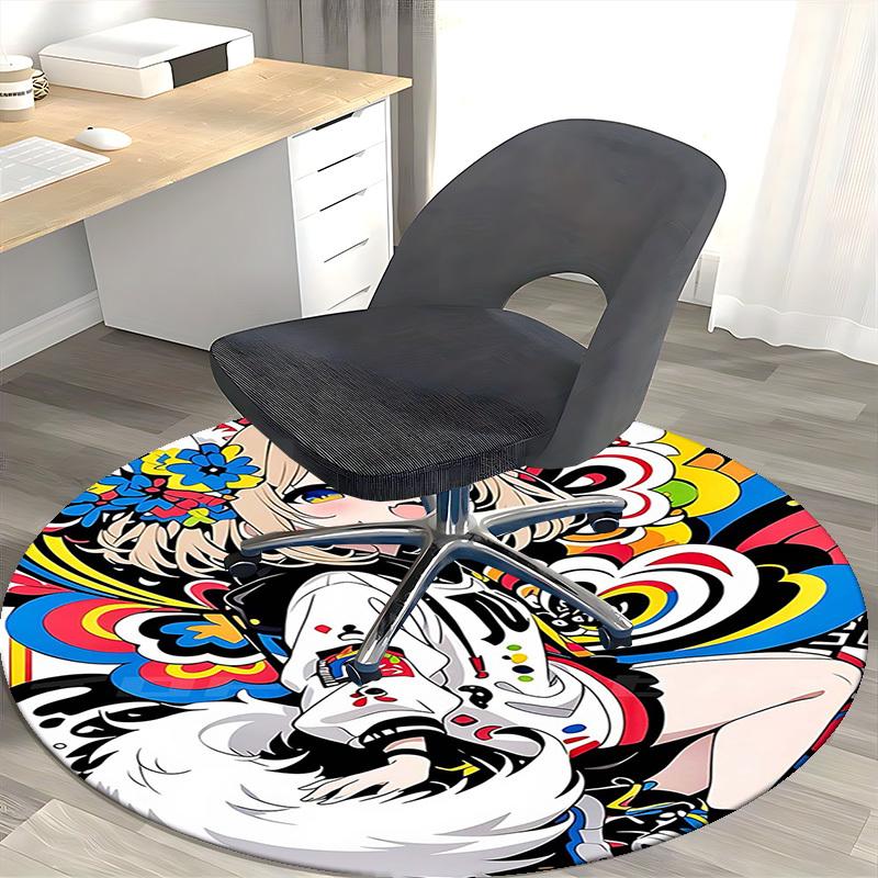 1pc Anime Cartoon Design Round Carpet Office Chair Mat with Colorful Floral Patterns for Home Decor, Seasonal Gift, Suitable for Office