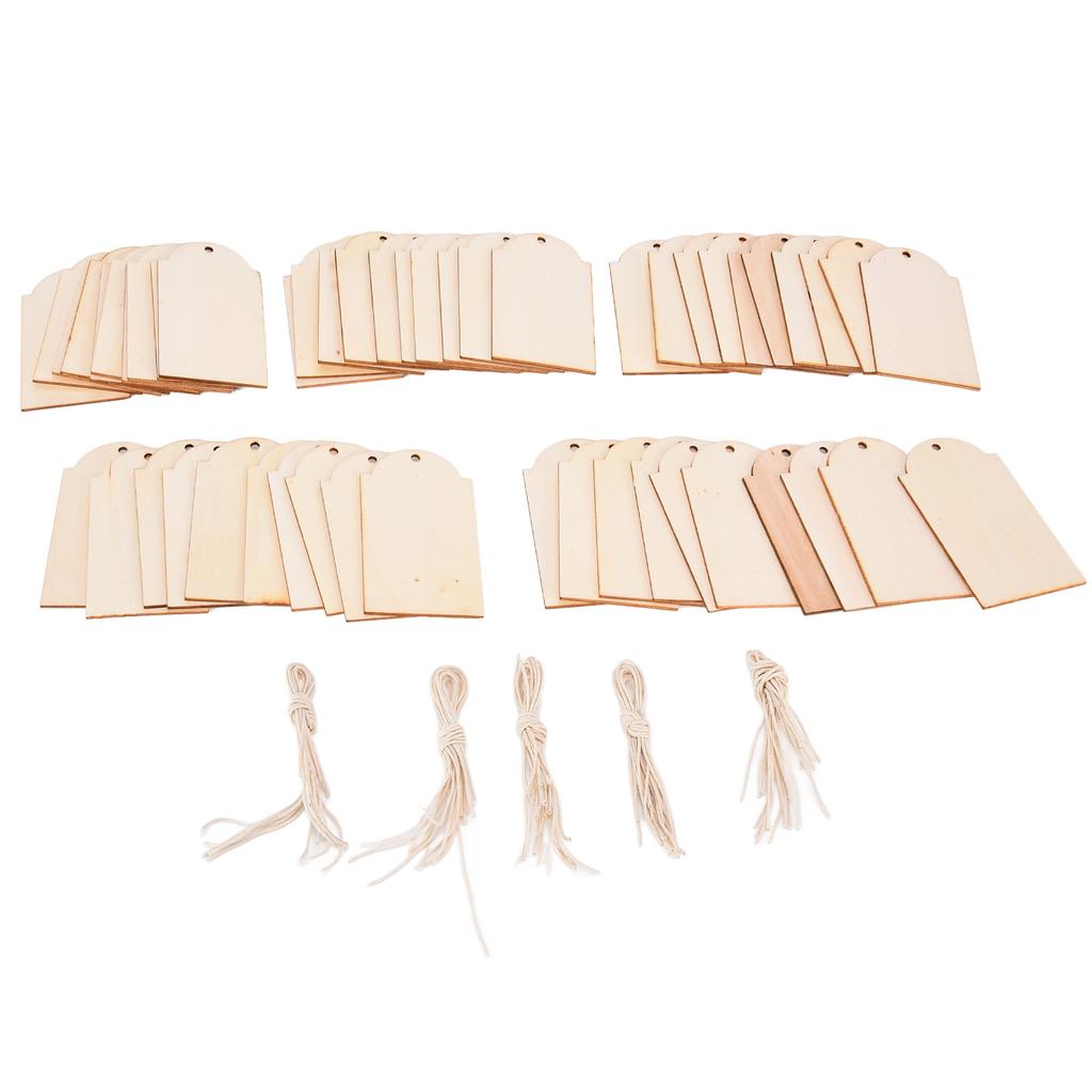50pcs Wood Pieces DIY Natural Rustic Unfinished Wood with Hemp Rope for Handicraft Bookmarks Gift Labels Decoration