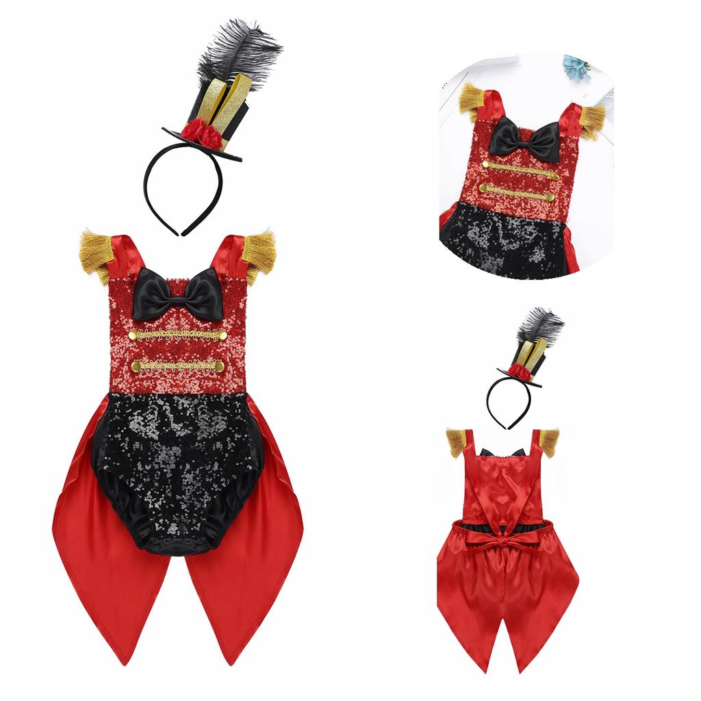 Baby Girl Toddler Showman Ringmaster Circus Costume Bodysuit Sequins Bowknot Romper with Feather Hat for Halloween Cosplay Party