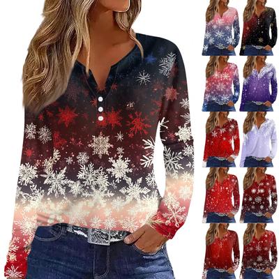 Женская футболка с рождественским принтом на пуговицах с длинным рукавом, повседневная, выходного дня, модная, базовая, с V-образным вырезом, обычная