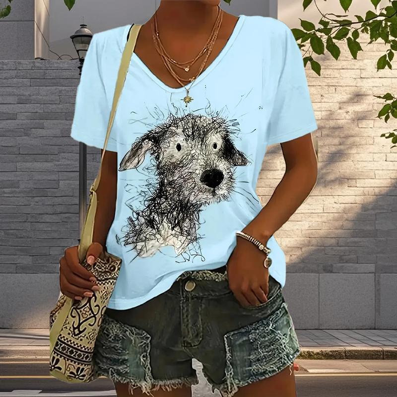 Блузки с рисунком бродячего щенка, футболки с коротким рукавом и V-образным вырезом, повседневные