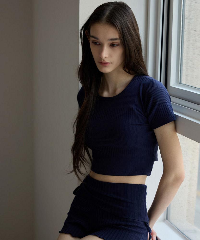 Женская одежда для йоги Debiweeo Devi-T0072-Navy Пилатес Твинг Ребристый с коротким рукавом