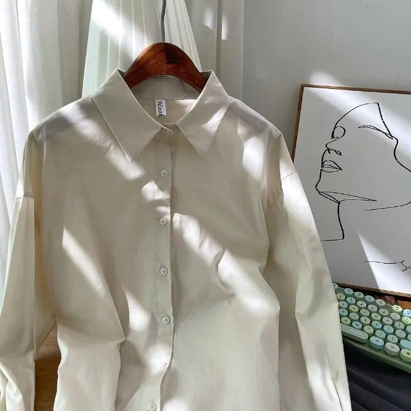 Autumn Korean Fashion Solid Simple Long Sleeve Shirt Women Cotton Blouse Turn Down Collar Tops Loose Clothes Blusas 29622