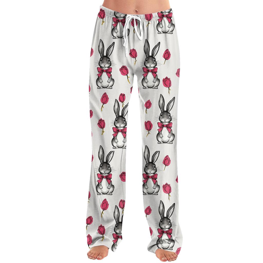 Womens Pajama Pants Sleepwear Casual Drawstring Elastic Waist Pants Comfy Straight Yoga Loose Trousers Easter