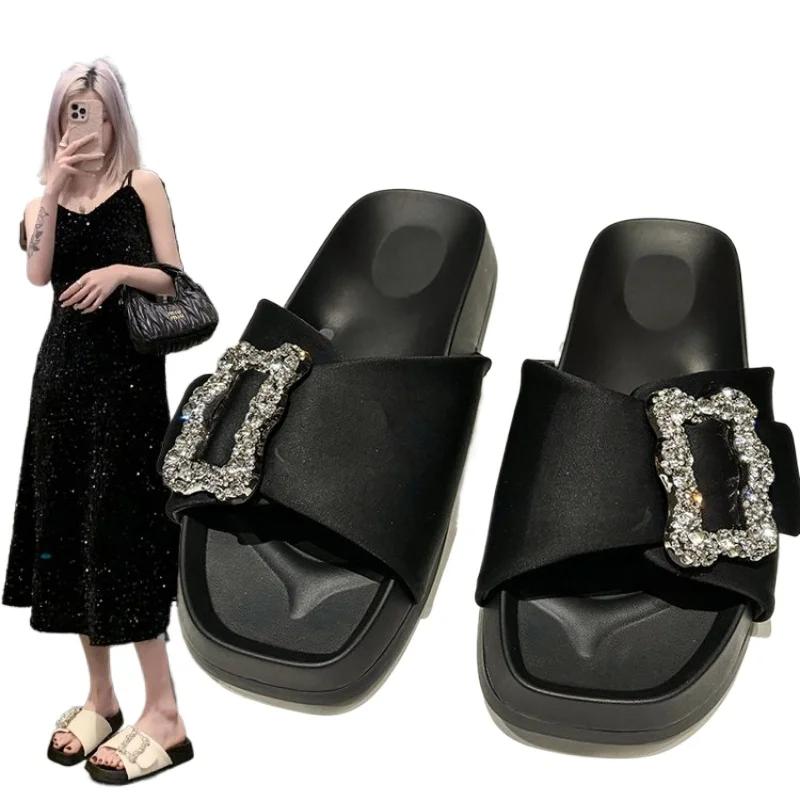 Модные женские тапочки с кристаллами и пряжкой, черные, хаки, бежевые, без застежек, модные шлепанцы, повседневные сандалии, удобные туфли со стразами