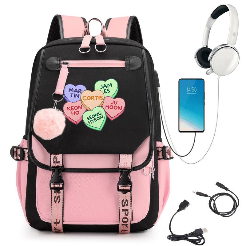KATSEYE Girl Group Cartoon Backpack USB Charging Port Student Bookbag 60123-1 Lightweight Casual