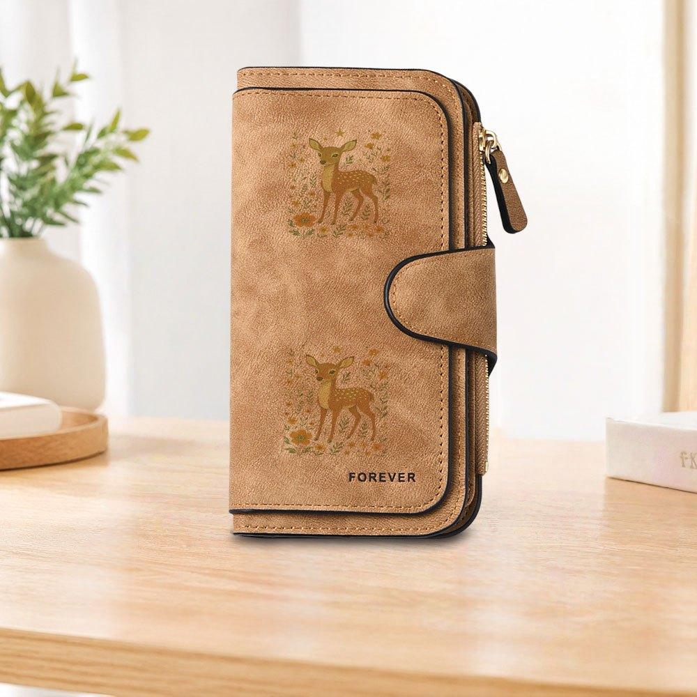 Deer and floral pattern long zipper wallet, large-capacity card holder, unisex clutch bag, stylish zippered coin purse, suitable for daily use, a