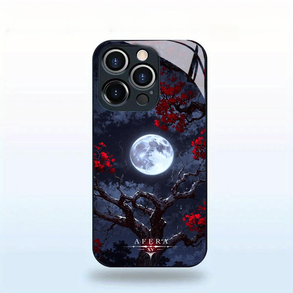 Red Maple Leaves Under a Full Moon Black Glass Case For iPhone 17 16 Pro Max 15 Pro 14 Pro 13 Pro Anti Drop Protective Shell