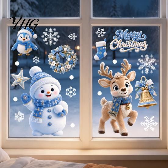 Blue Gold Christmas Decor 4Pcs Static Window Clings, Santa Snowman Reindeer Penguin Cute Cartoon Stickers Stickers, Reusable Double Sided Xmas Holiday