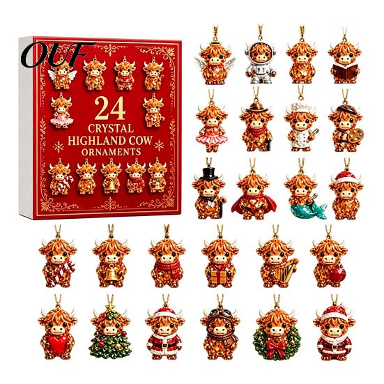 Acrylic Christmas Tree Decorations Highland Cow Advent Calendar, 24 Pcs Hanging Ornaments for Party Favor Supplies Decoration, Festive Countdown