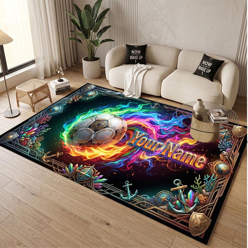 Soccer Theme Soft Crystal Velvet Rug Custom Name & Text Print Non Slip Floor Rug for Bedroom Living Room