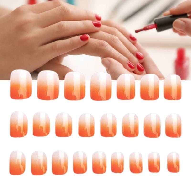 Gradient Orange False Nail Stickers Short Style 24 Pcs Ins Popular Brand Simple Style