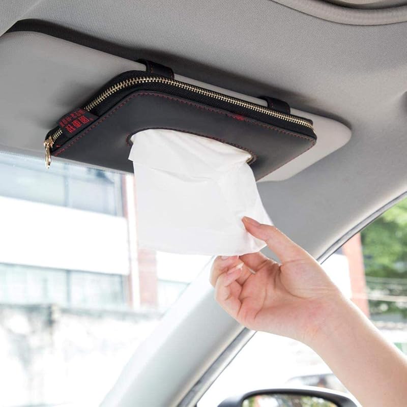 Car Sun Visor Tissue Holder, Napkin Holder, PU Leather Backseat Tissue Case Holder For Car Vehicle With Zipper (Grey)