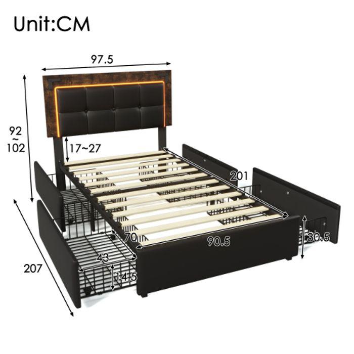 Cadre de lit - MUVOE - 90x200 cm - Tête de lit réglable - Éclairage LED - 4 tiroirs de rangement