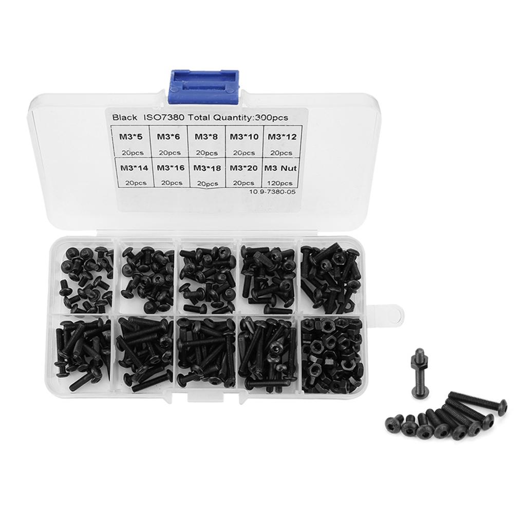 Набор из 300 штук M3 Черный Класс прочности 10.9 Винт с шестигранным углублением под ключ с полукруглой головкой Болт Гайка
