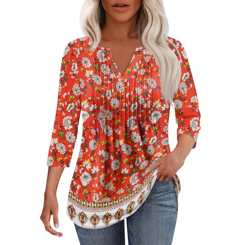 Women's Fashionable Casual Pleated V Neck Solid Color Seven Quarter Sleeve T-shirt Top