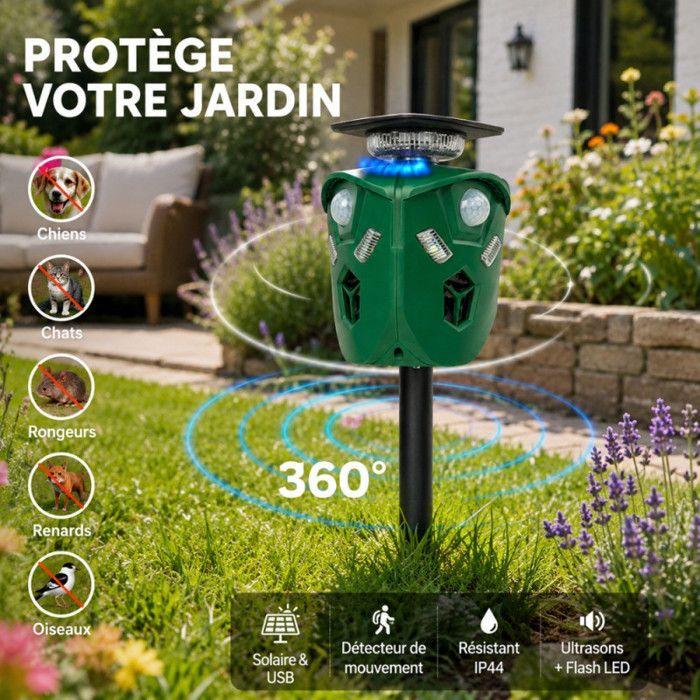 Répulsif Ultrasons et Flash 360° Solaire – Effaroucheur d’Animaux Détecteur de Mouvement, Portée 8M, Rechargeable USB, IP44