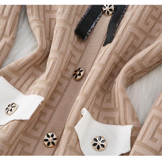 Autumn Winter Women Elegant Polo Collar Designer Print Bowtie Knitted Sweater Office Party Slim Bodycon Sheath Dresses