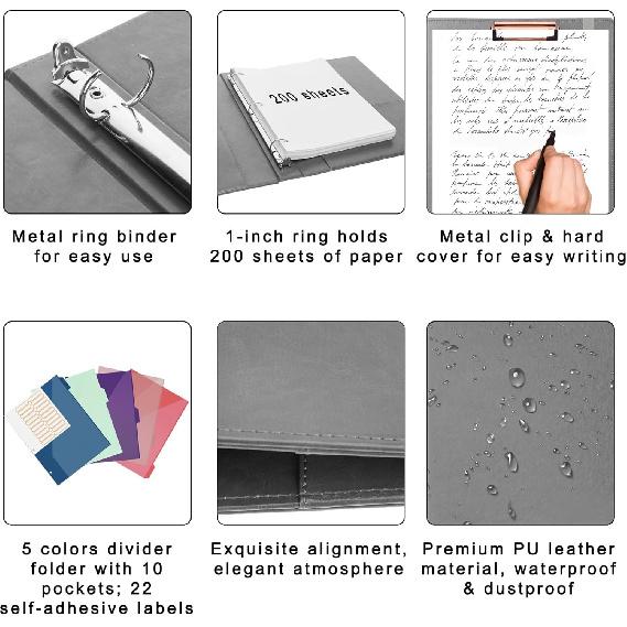 Antner PU Leather 3 Ring Binder with Clipboard, 1 Inch Clipboard Binder Organizer for Letter Size Paper, 5 Divider Folders with 10 Pockets, Hardcover