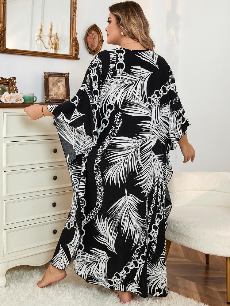 EDOLYNSA Black Kaftan Women's Hot Selling Long Dress Robe Chinese Knot Auspicious Knot V-neck Beach Wear Batwing Sleeve Homewear Q1297