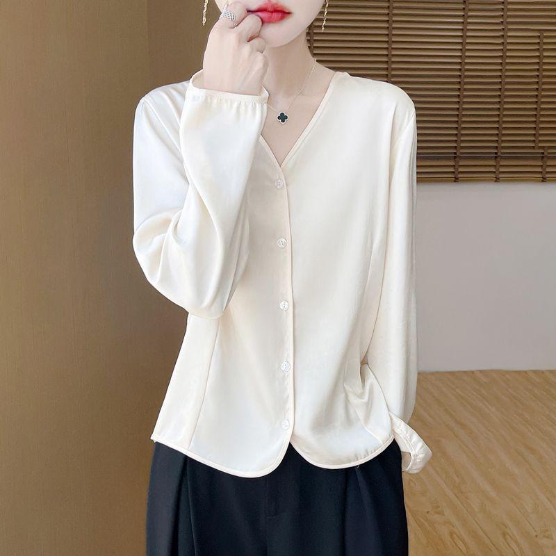 Women's Luxury Satin Blouse Long Sleeve Loose V-Neck Shirt Spring and Summer