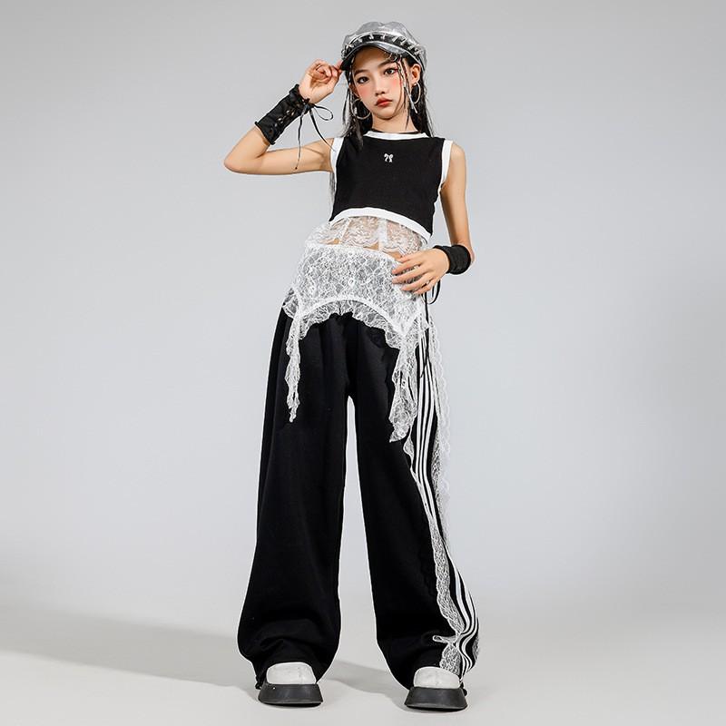 Girls Jazz Dance Outfit Black Crop Top Pants Set Streetwear Performance Costume Kids