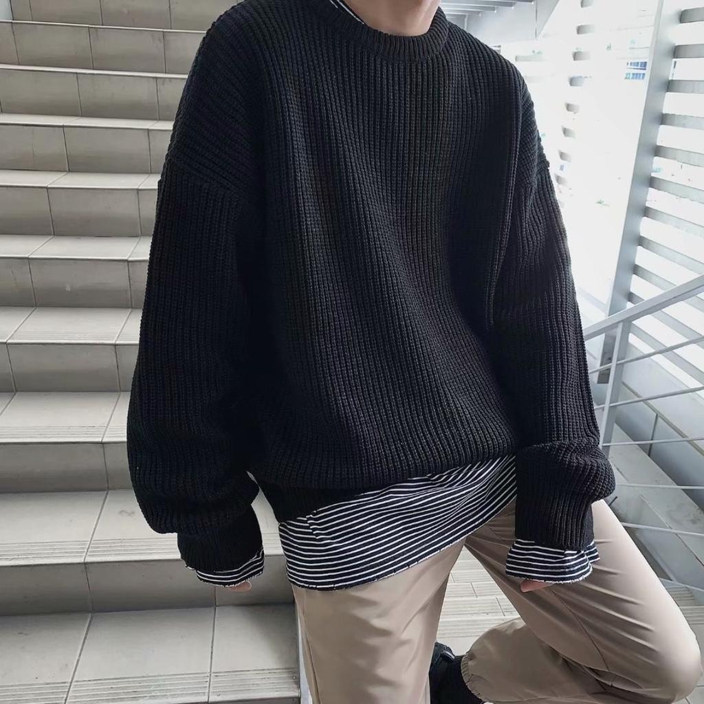 Wearing A Base Knit Sweater In Autumn and Winter, Solid Color Round Neck Sweater, Loose and Versatile, Thick Korean Style Trendy Sweater, Men's Jacket