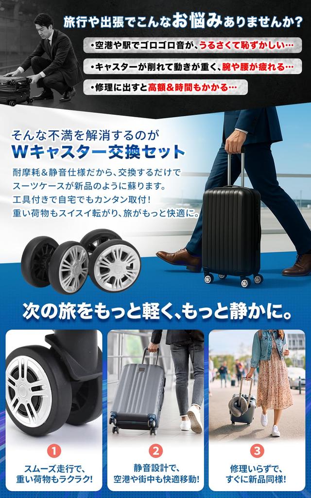 PLEAVIT Suitcase Double Caster Replacement Wheels, Quiet, 360-Degree Rotation, Travel Bag Repair Parts, Easy DIY Repair, 60mm Diameter, Set of 8