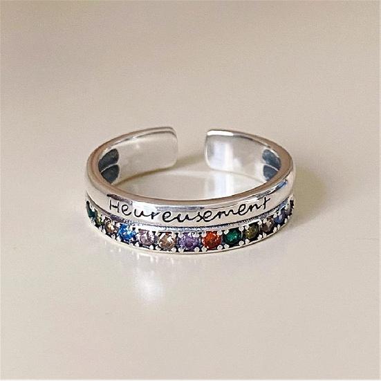 Cute Female Rainbow Initial Zircon Stone Adjustable Open Leter Ring Vintage Silver Color Wedding Fashion Jewelry For Women