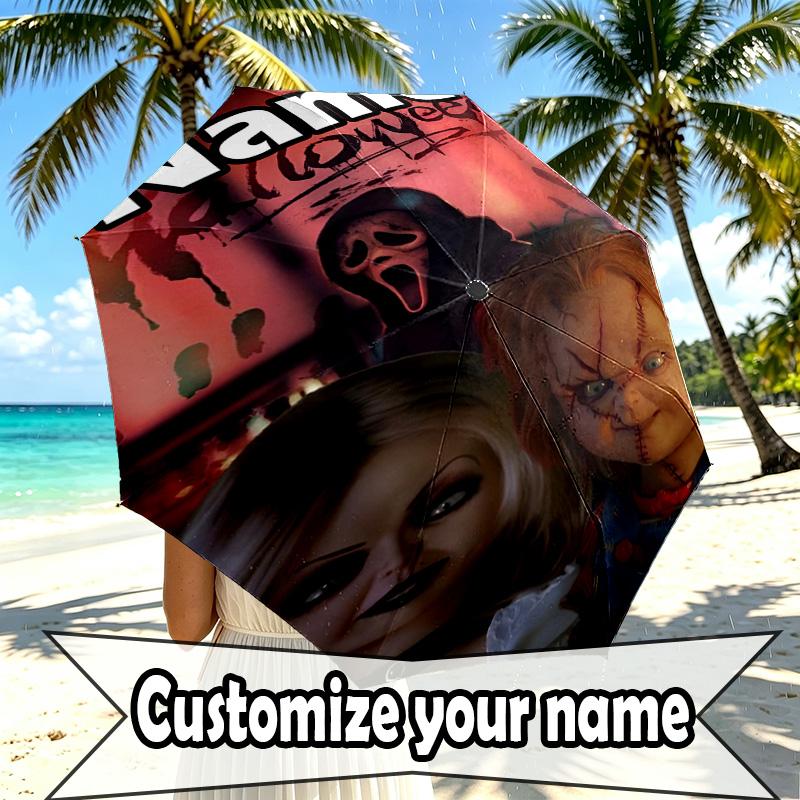 Custom Name Personalized Bride of Chucky Print Umbrella, Auto Open Close, 8‑Rib Sturdy Frame, Commute Camping Hiking Use, Birthday Gift