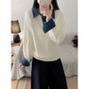 Womens Relaxed Fit Knit Sweater With Polo Collar Denim Sleeve Panel Long Layered Look Top Winter